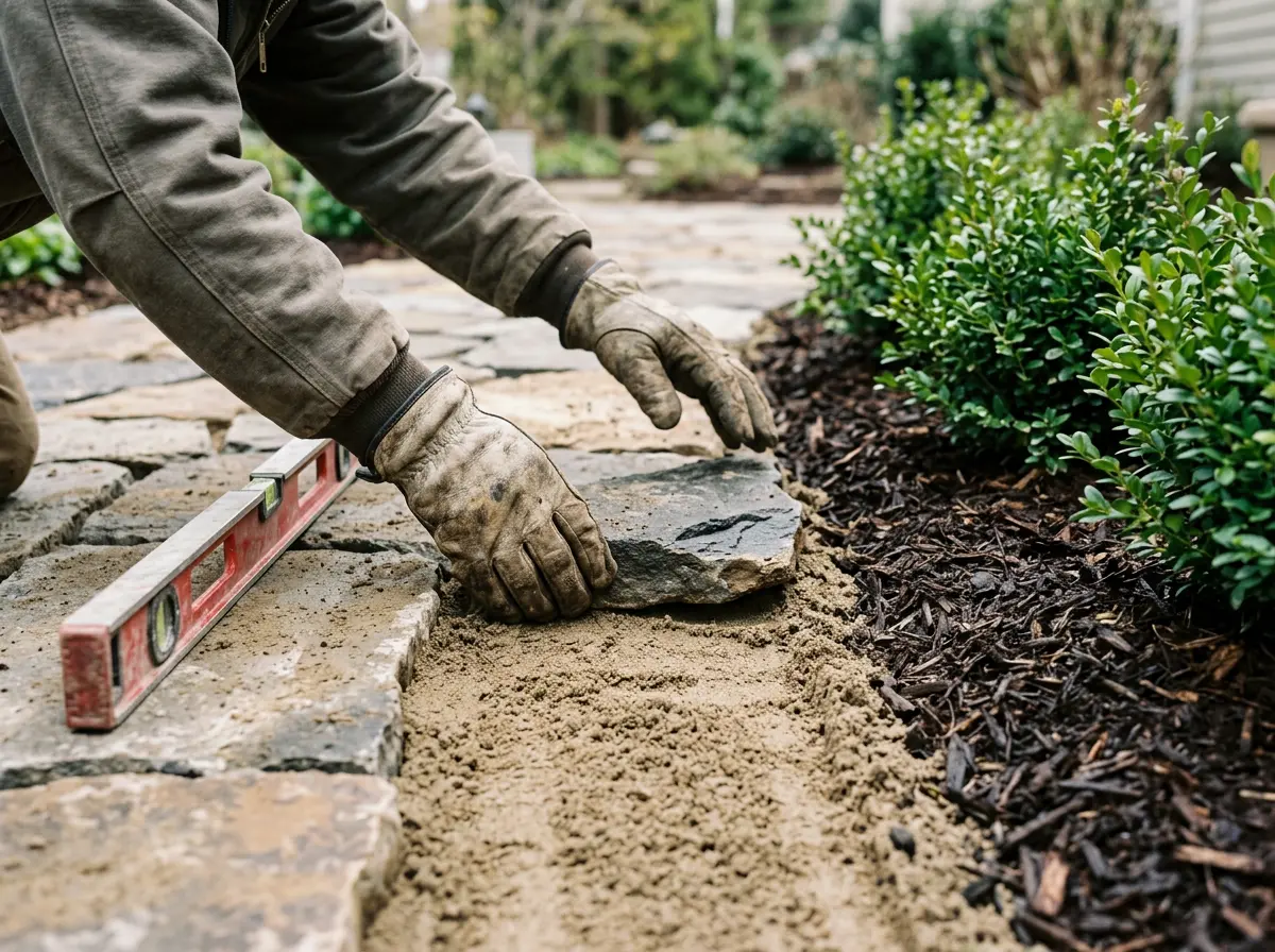 Froio's crew hand-setting natural stone on a screeded sand bed, level at the ready