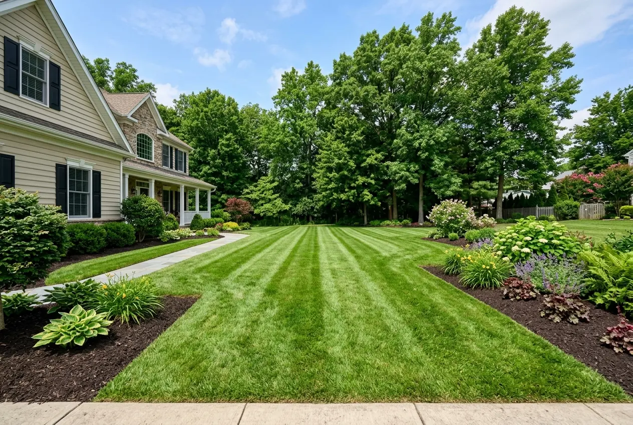 Freshly mowed lawn with crisp stripes and edged beds maintained by Froio's