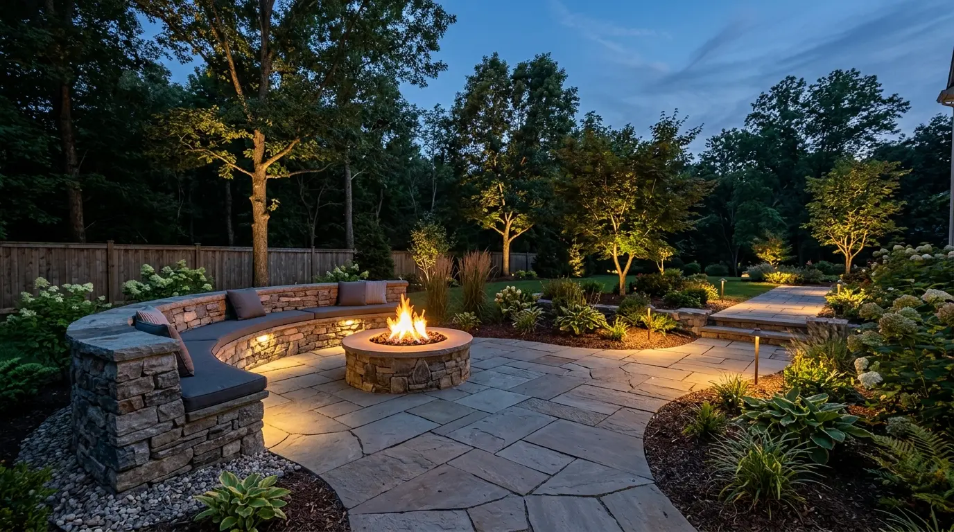 Custom stone seating wall and lit fire pit on a flagstone patio at dusk, built by Froio's Lawn & Landscape in Chester County